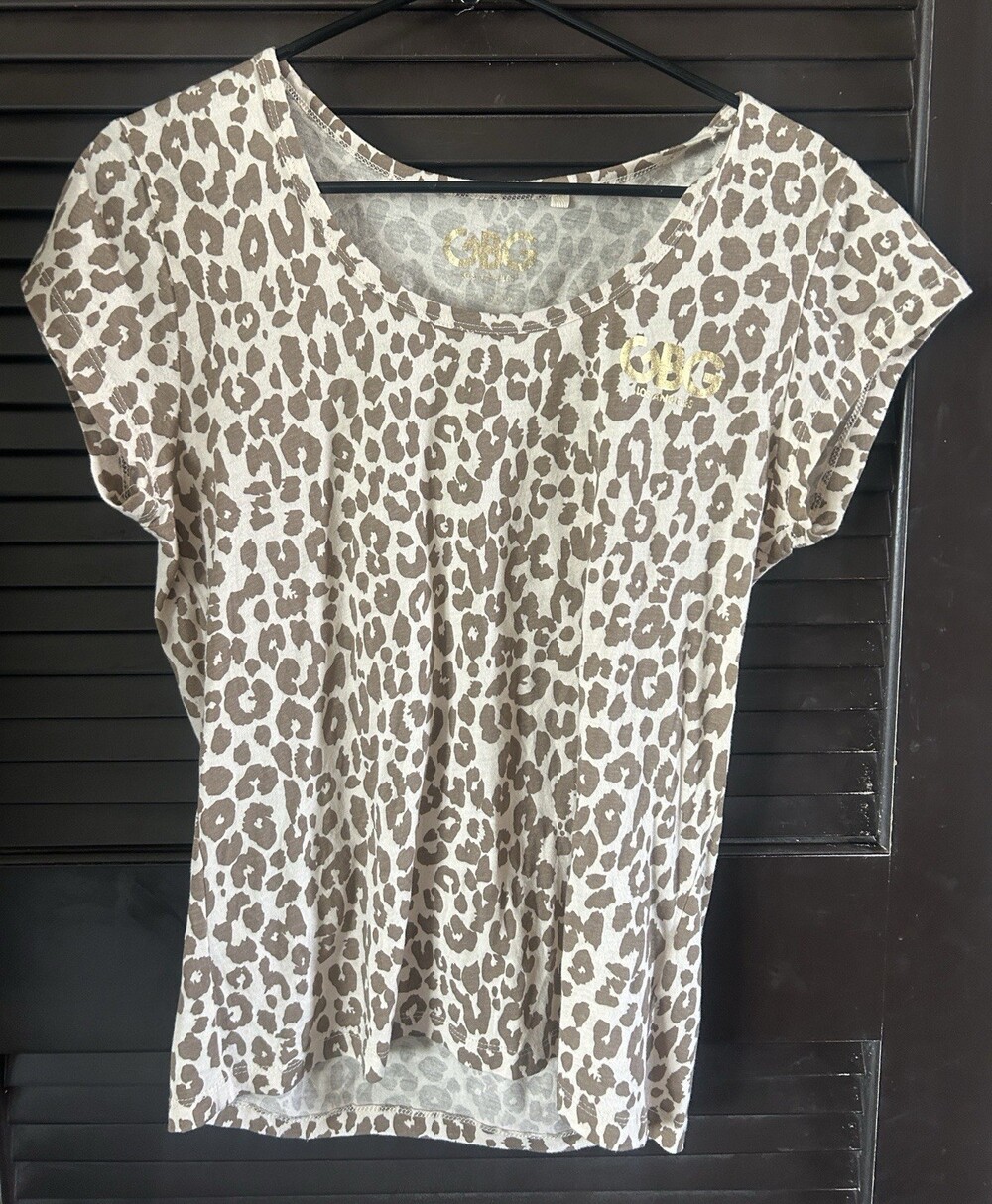 GUESS Women's L White Leopard Animal Print Scoop Neck Sequin Pullover T-Shirt